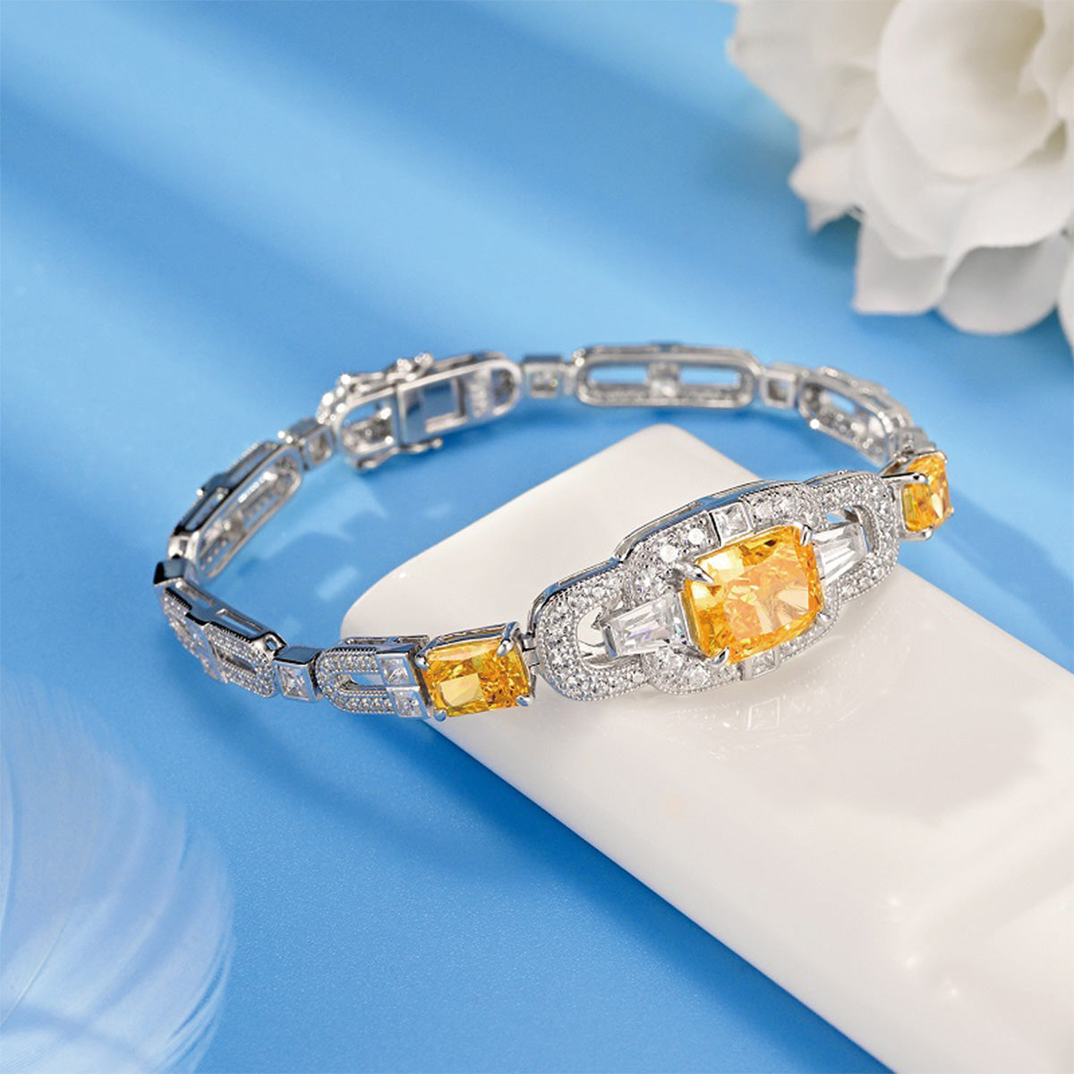 Sterling Silver Square Yellow Sapphire with Channel Setting Stones Classic Bracelet