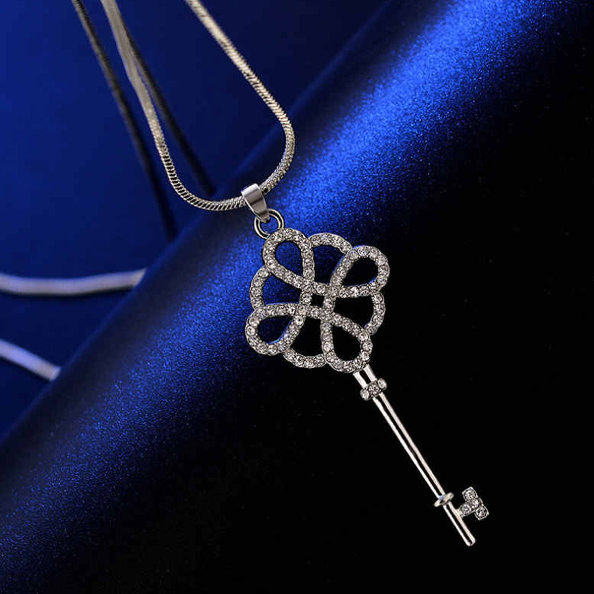Sterling Silver Four-leaf Clover Key Shape Pendant with Full Stones
