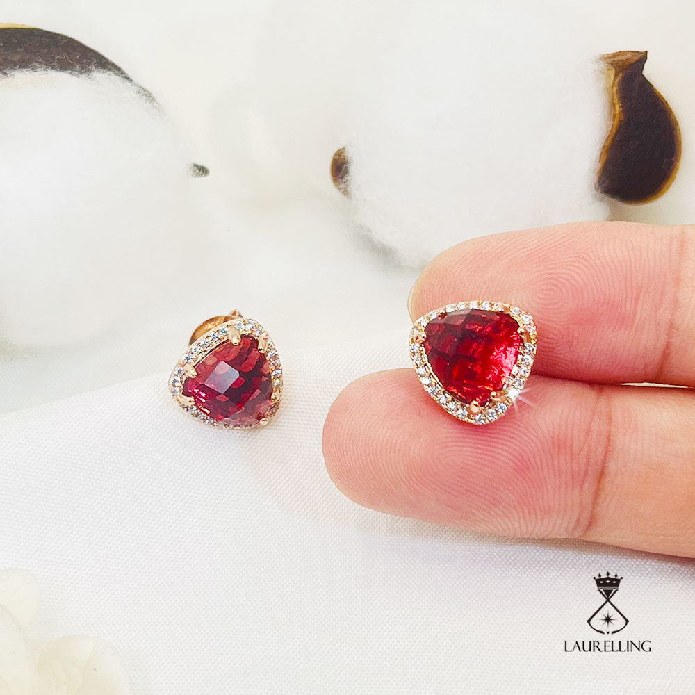 Color Triangle Red Stone Halo Stud Earrings