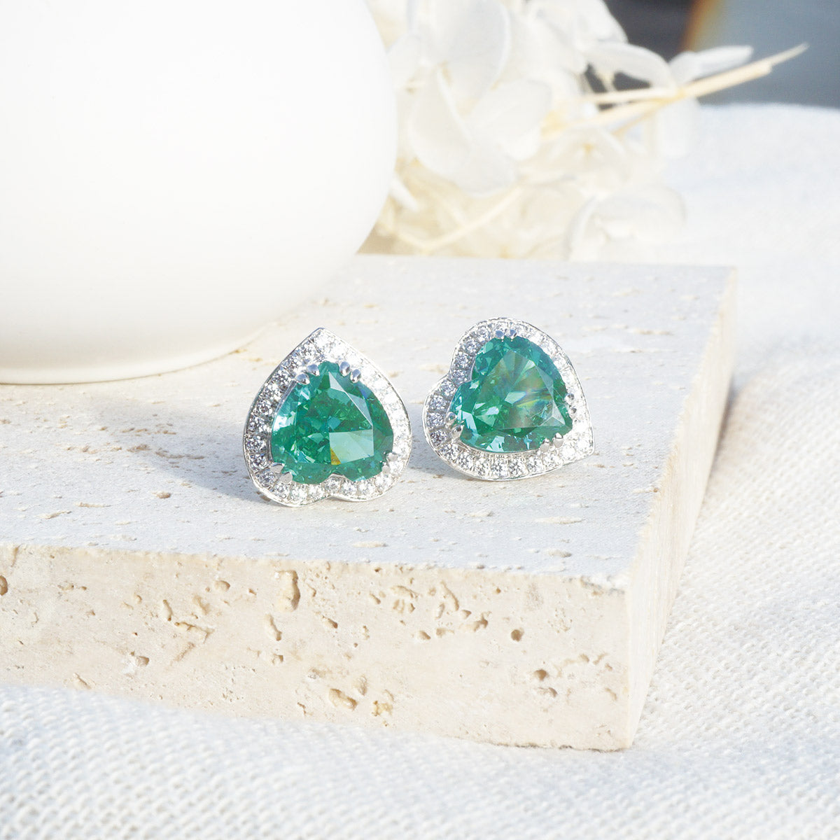 White Gold Plating Heart Shape Emerald Gem Full Stones Stud Earrings
