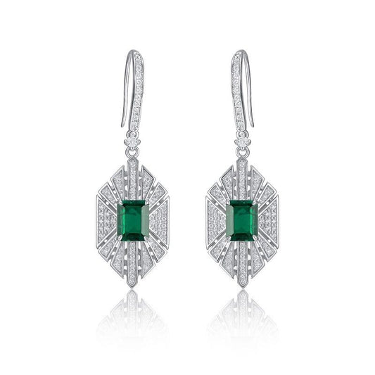 White Gold Full Stones Hexagon Emerald Gem Dangle Earrings