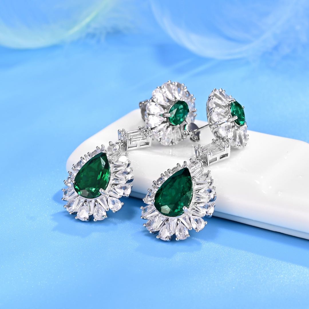 White Gold Full Stones Pear Cut Emerald Gem Drop Earrings