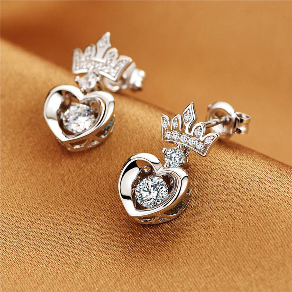 White Gold Crown Beating Heart Hollow Drop Earrings