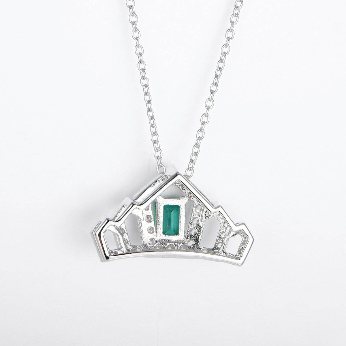 Sterling Silver Necklace with Square Emerald Gem Crown Pendants