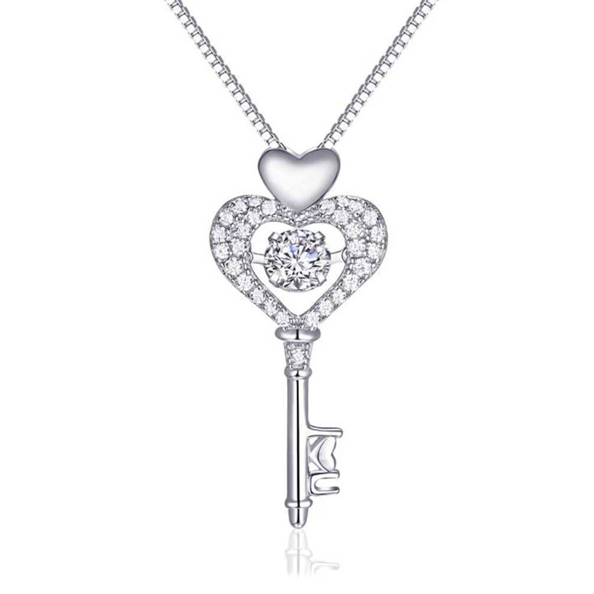Sterling Silver Heart Key Shape Pave Setting Stones Necklace Pendant