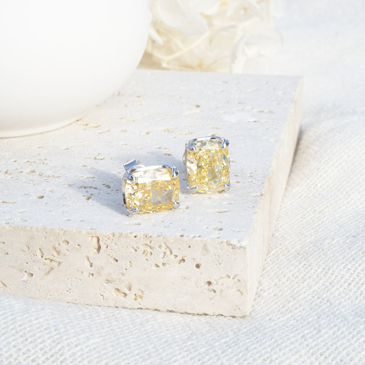 White Gold Square Yellow Sapphire Stud Earrings