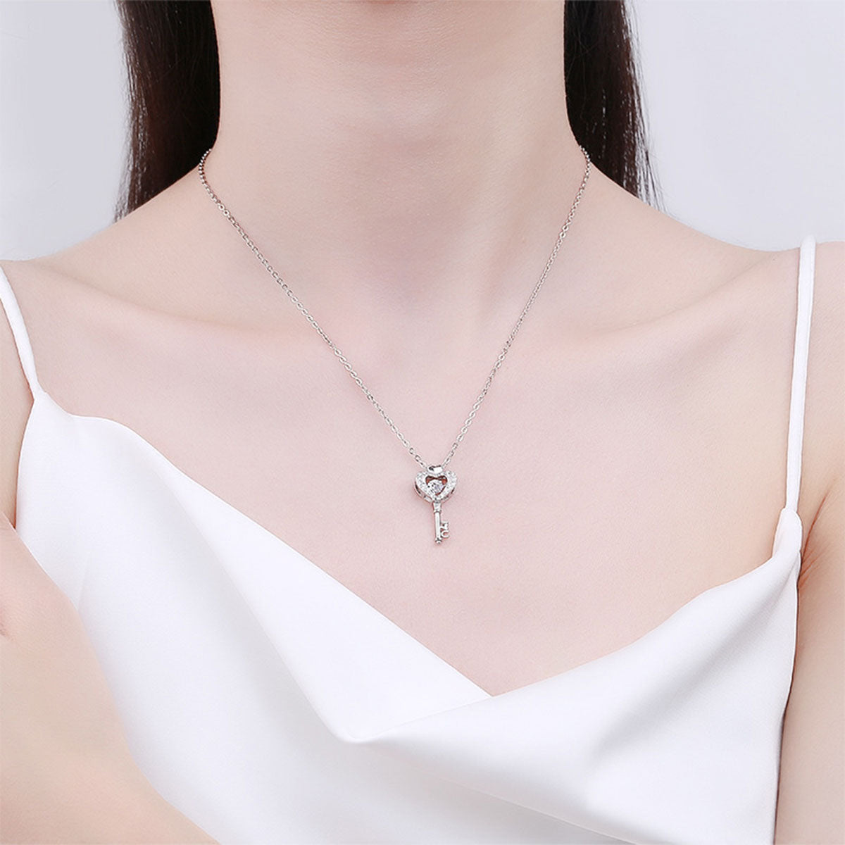 Sterling Silver Heart Key Shape Pave Setting Stones Necklace Pendant