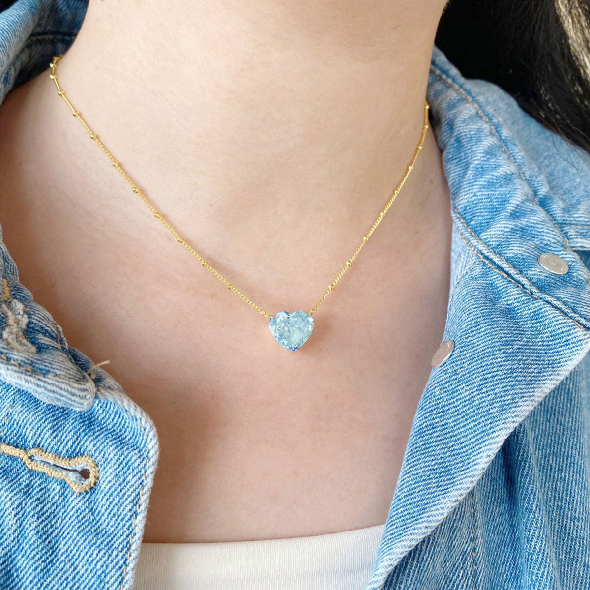 Golden Necklace with Heart Aquamarine for Women