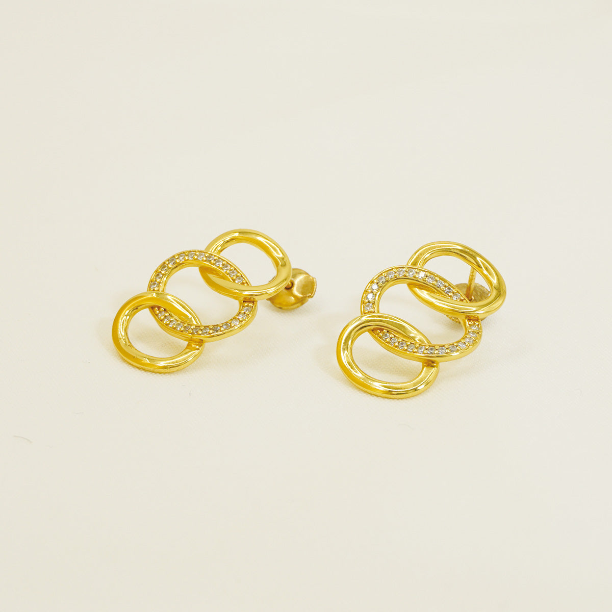 Gold Hammered Triple Hoop Earrings With Common Prong Stones for Women