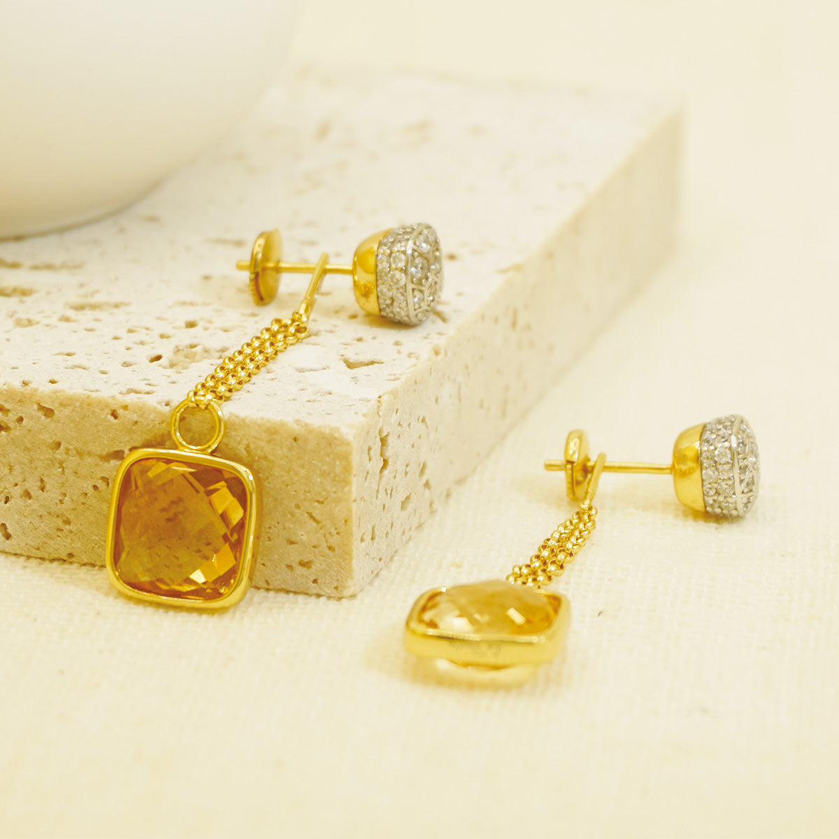 Gold Drop Earrings With Square Yellow Sapphire for Women