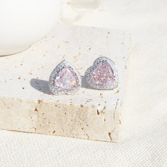 White Gold Plating Heart Shape Pink Sapphire Full Stones Stud Earrings