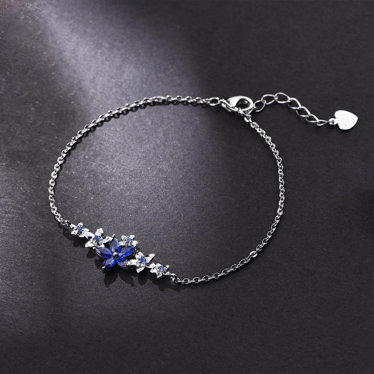 White Gold Flower Shape Blue Sapphire Adjustable Bracelet