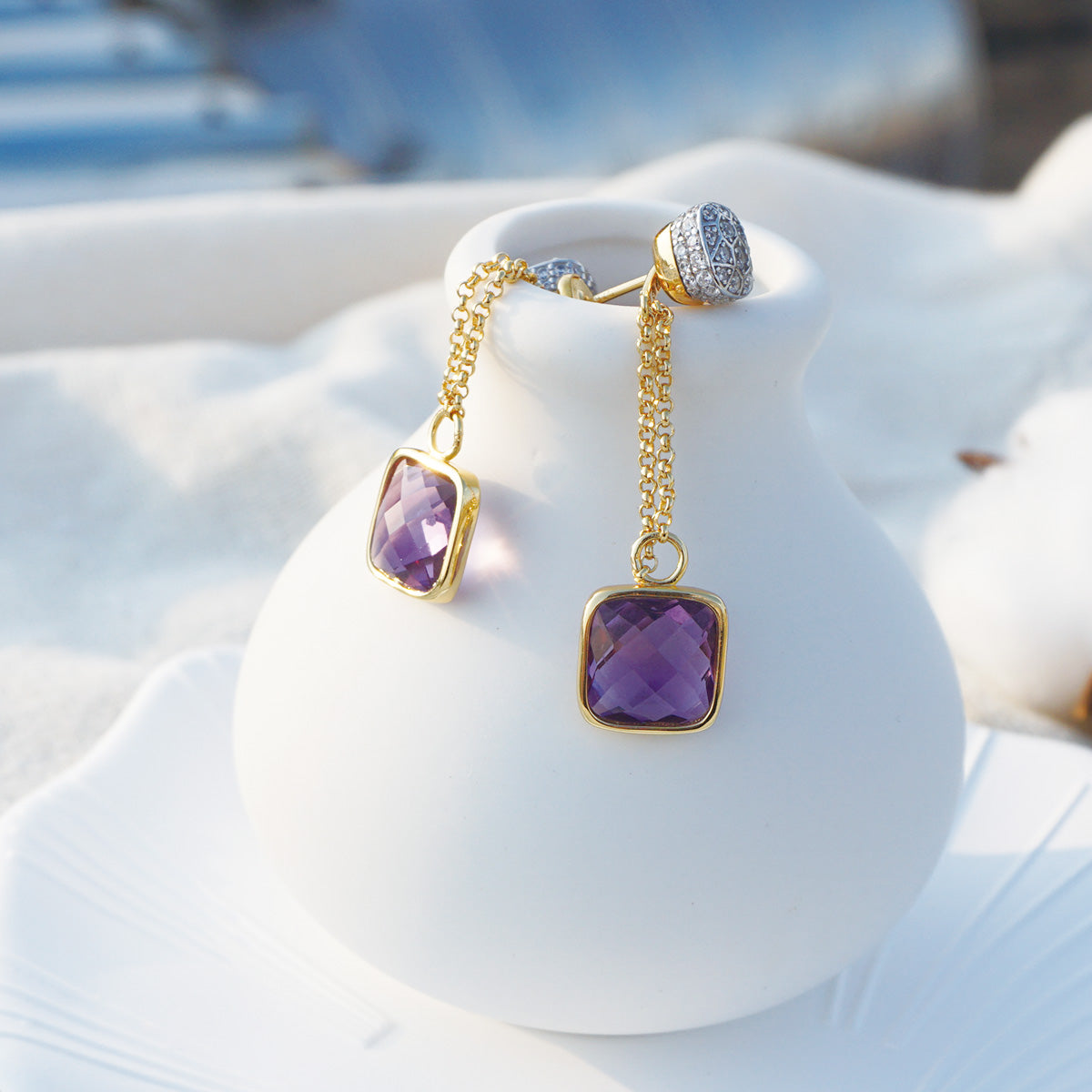 Gold Square Amethysts Stones Drop Earrings