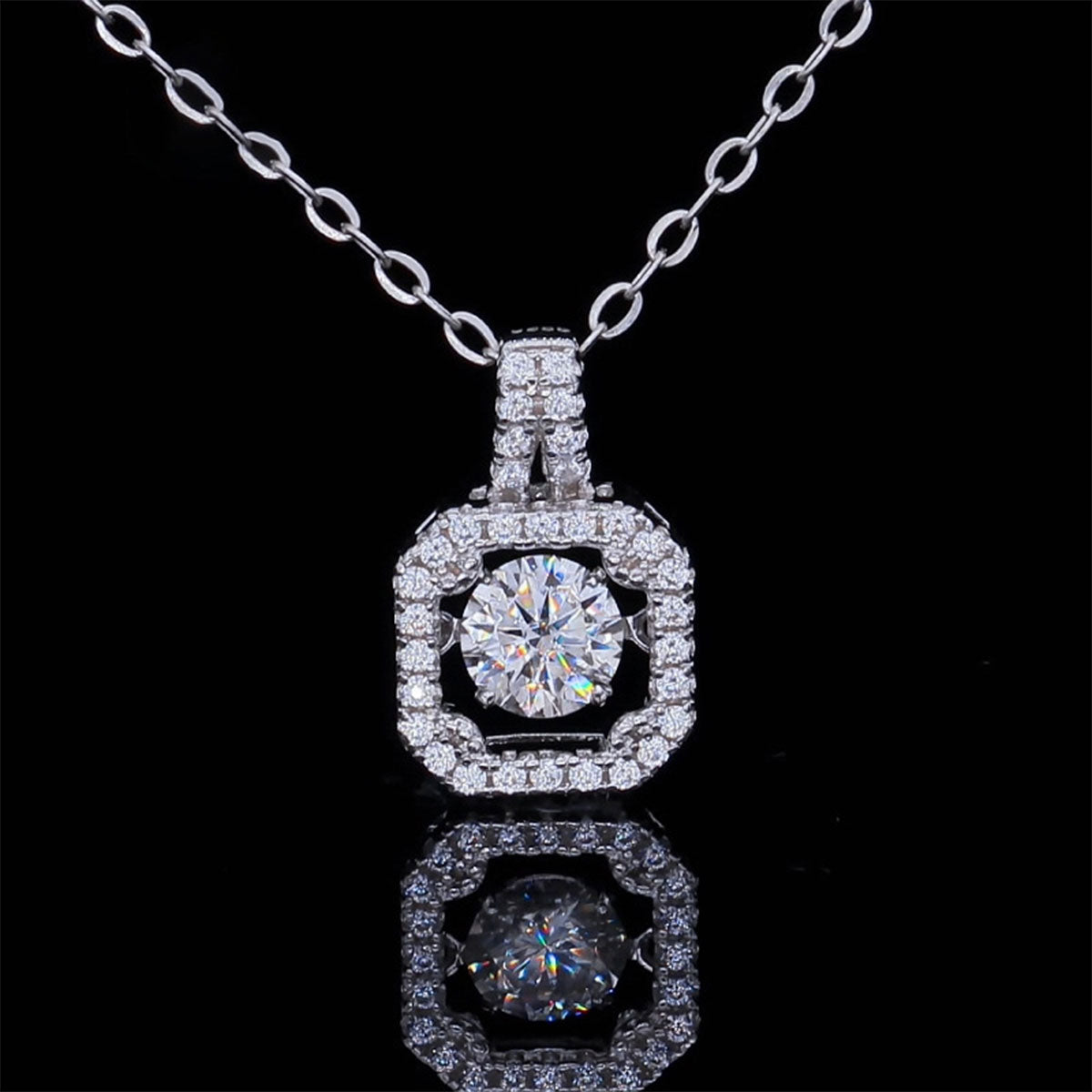 White Gold Octagon Full Stones Halo Beating Pendants Chains
