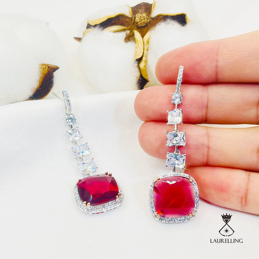 Square Red Stone Drop Earrings