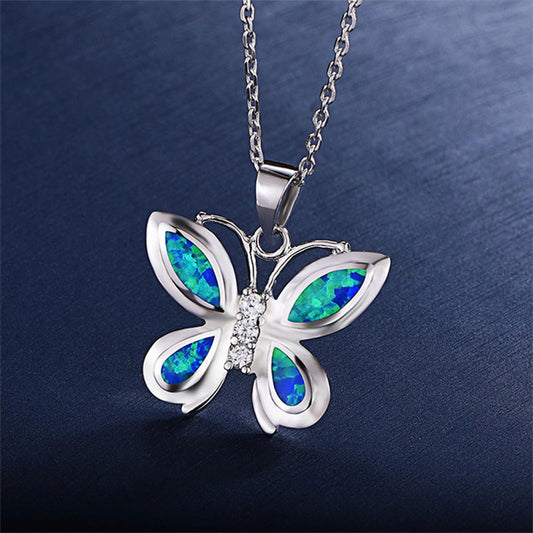 White Gold Butterfly Shape Blue Opal Charm Pendants Chains
