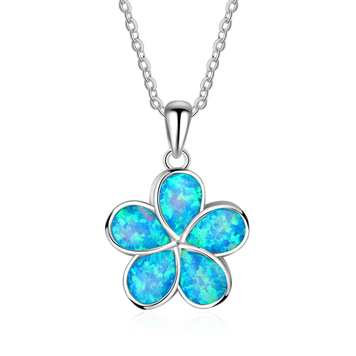 White Gold Flower Shape Blue Opal Pendants Chains