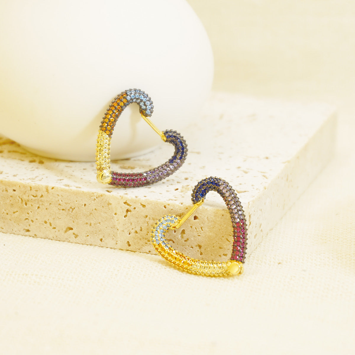 Full Colored Stones Heart Shape Gold Hoop Earrings