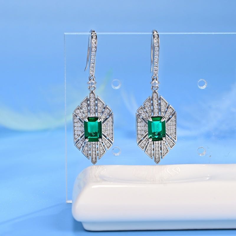 White Gold Full Stones Hexagon Emerald Gem Dangle Earrings