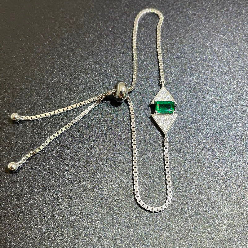 White Gold Geometric Emerald Gem Adjustable Link Bracelet