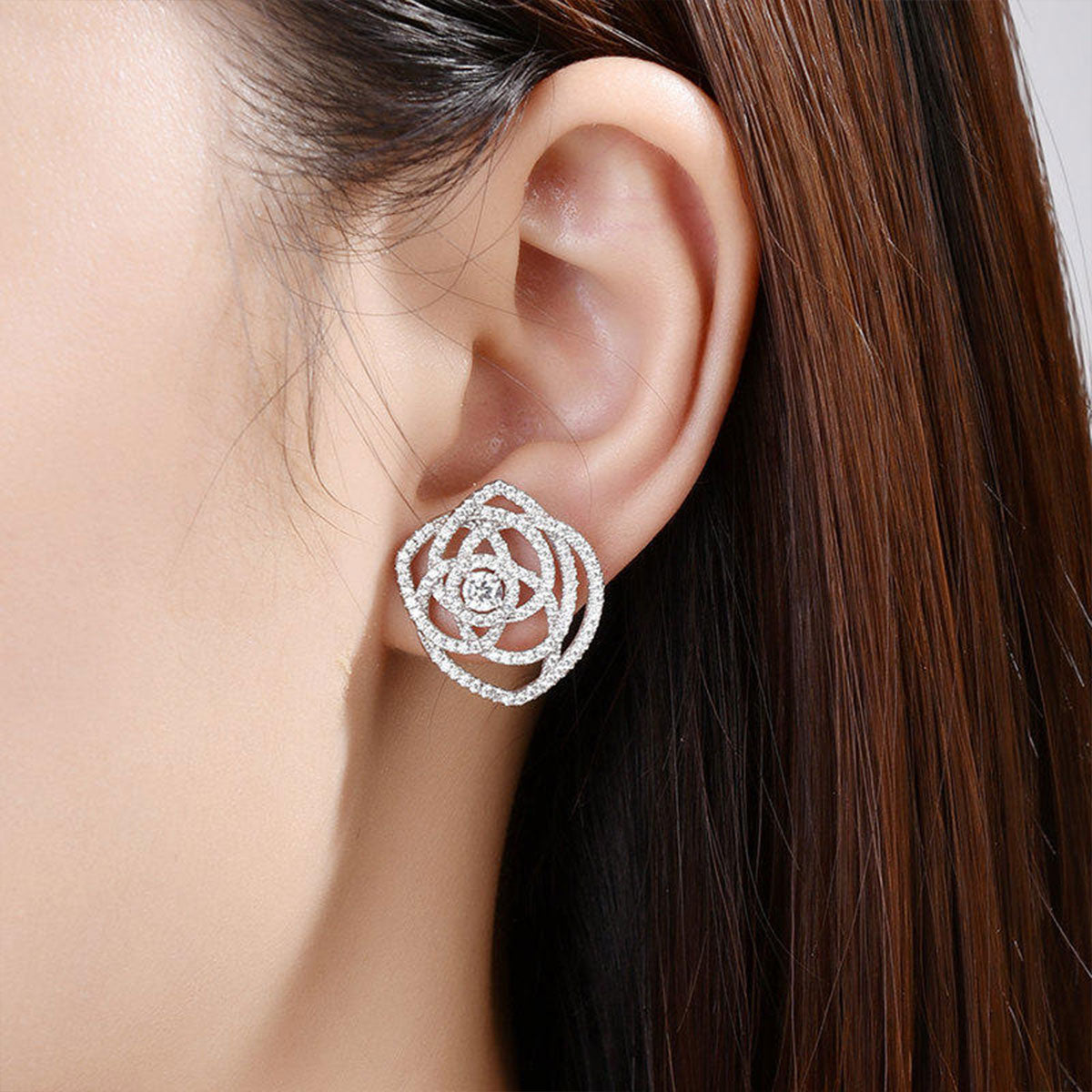 White Gold Rose Shape Full Stones Hollow Stud Earrings