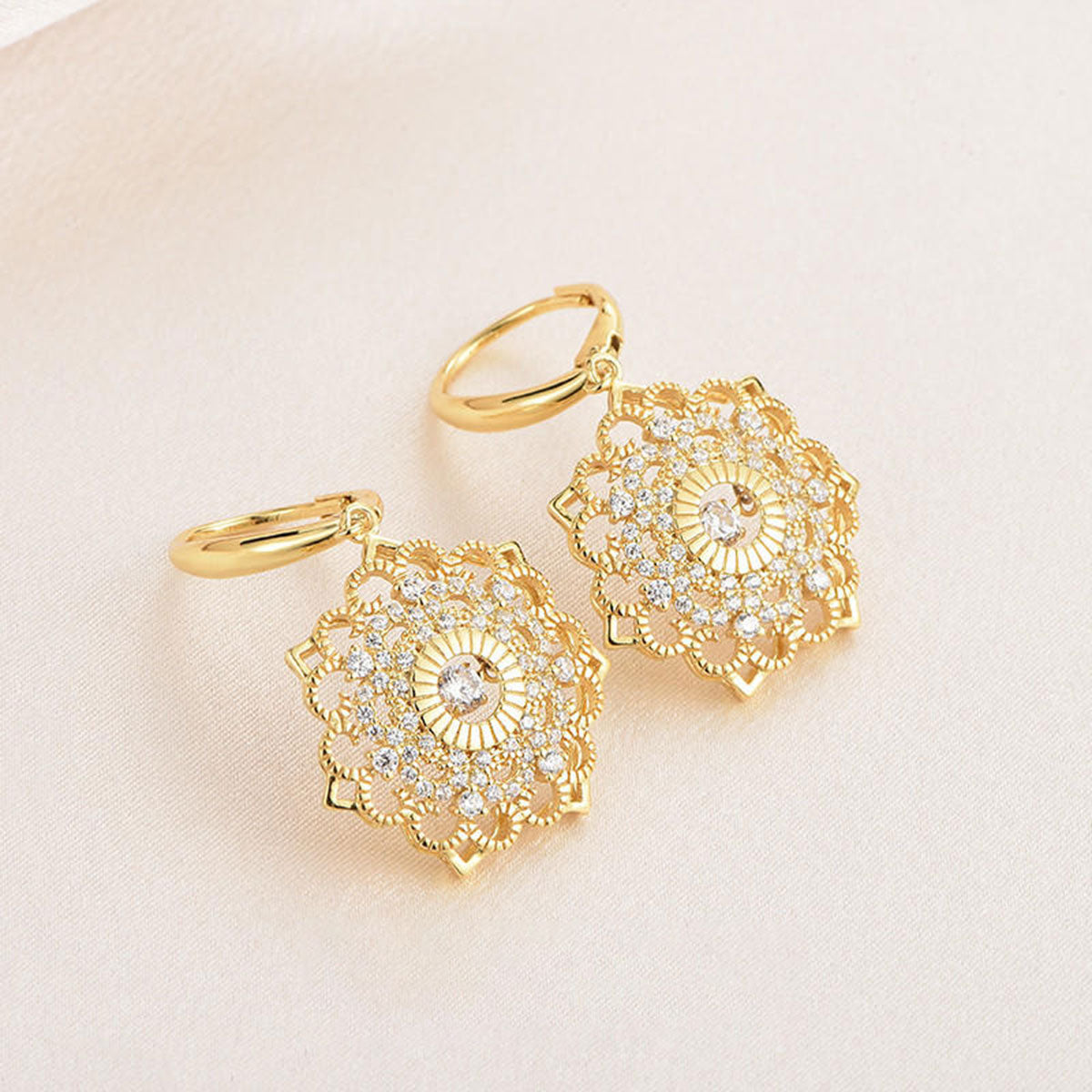 Gold Flower Shape Full Stones Hollow Dangle Earrings