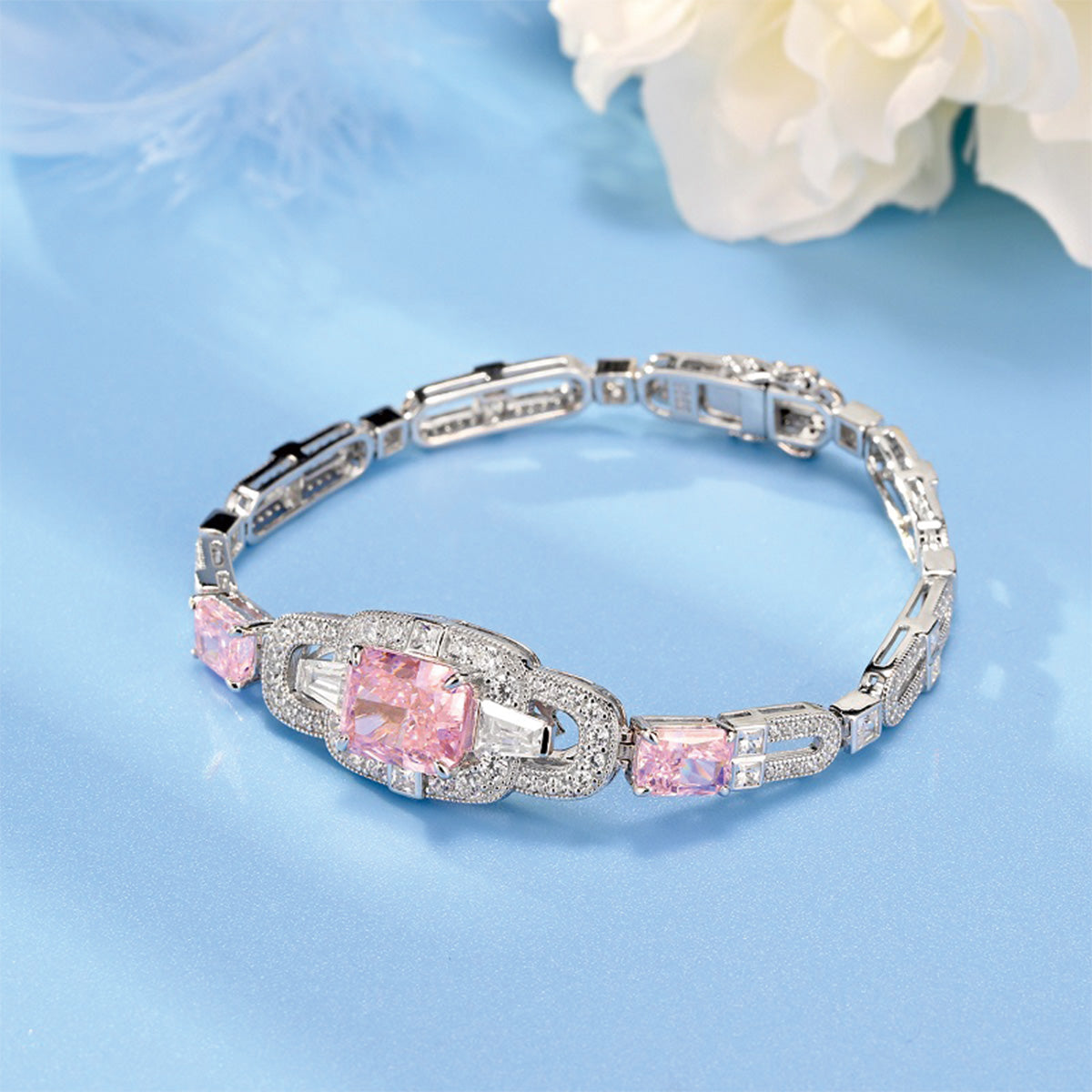 Sterling Silver Square Pink Sapphire with Channel Setting Stones Elegant Bracelet