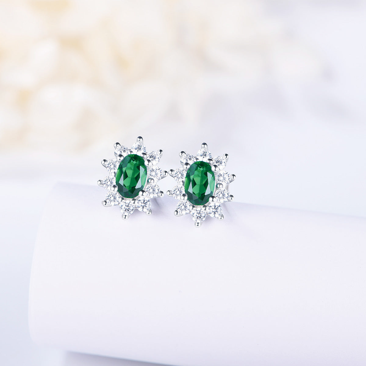 White Gold Sun Flower Full Stones Stud Earrings with Oval Brilliant Cut Emerald Gem