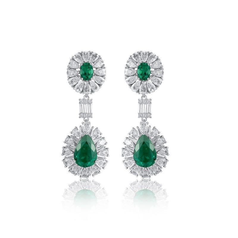 White Gold Full Stones Pear Cut Emerald Gem Drop Earrings