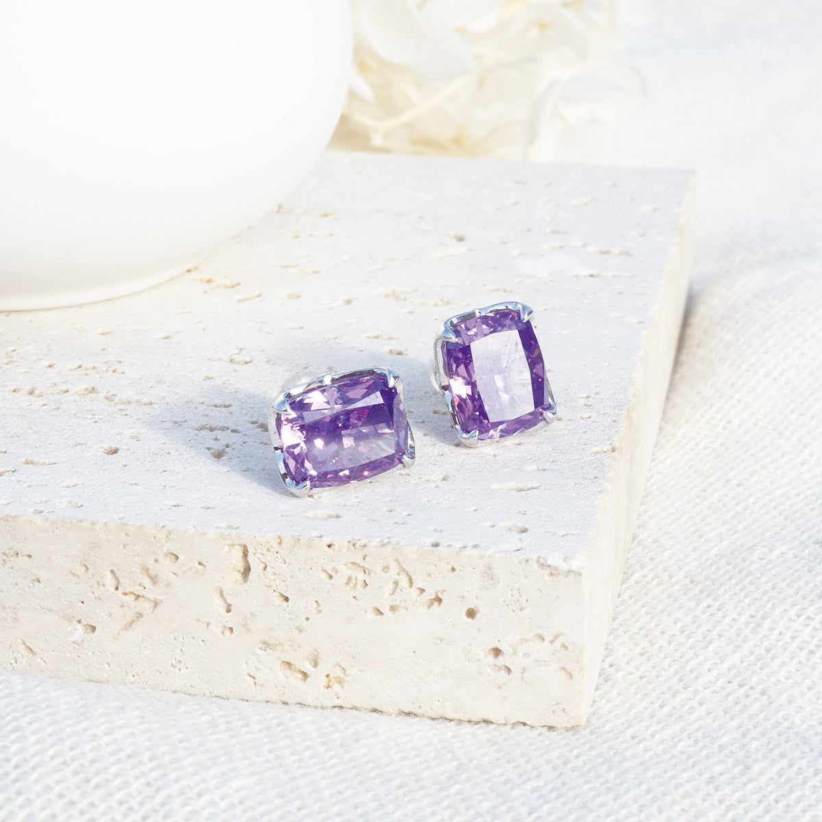 White Gold Plating Square Amethyst Prong Setting Stud Earrings