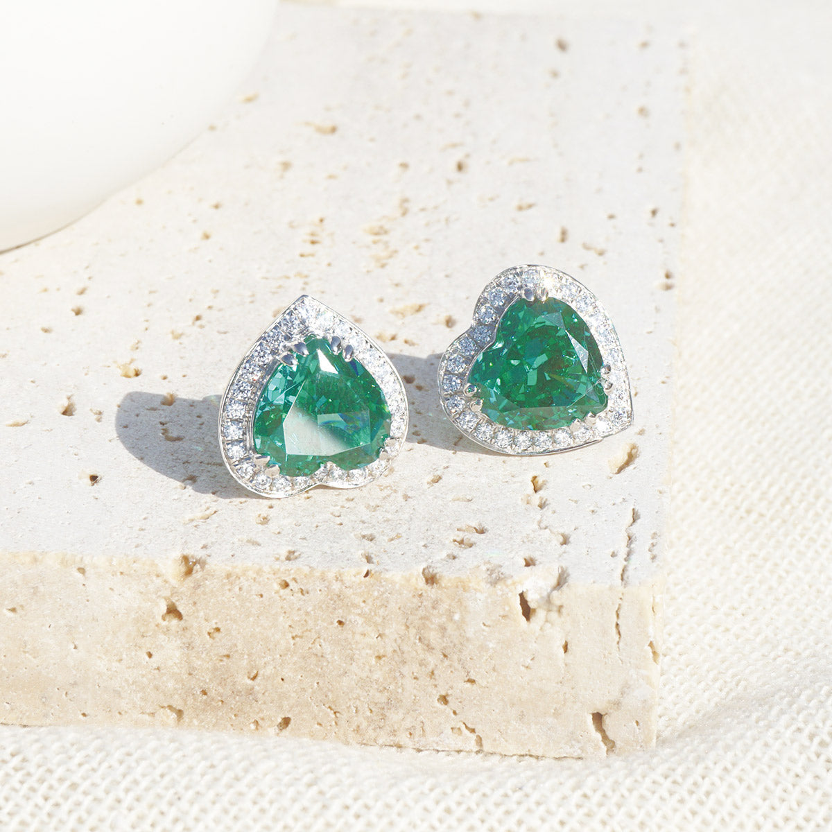 White Gold Plating Heart Shape Emerald Gem Full Stones Stud Earrings