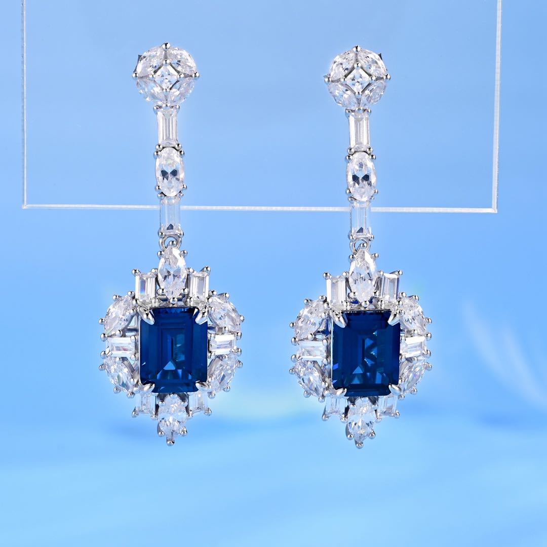 White Gold Full Stones Emerald Cut Blue Sapphire Drop Earrings