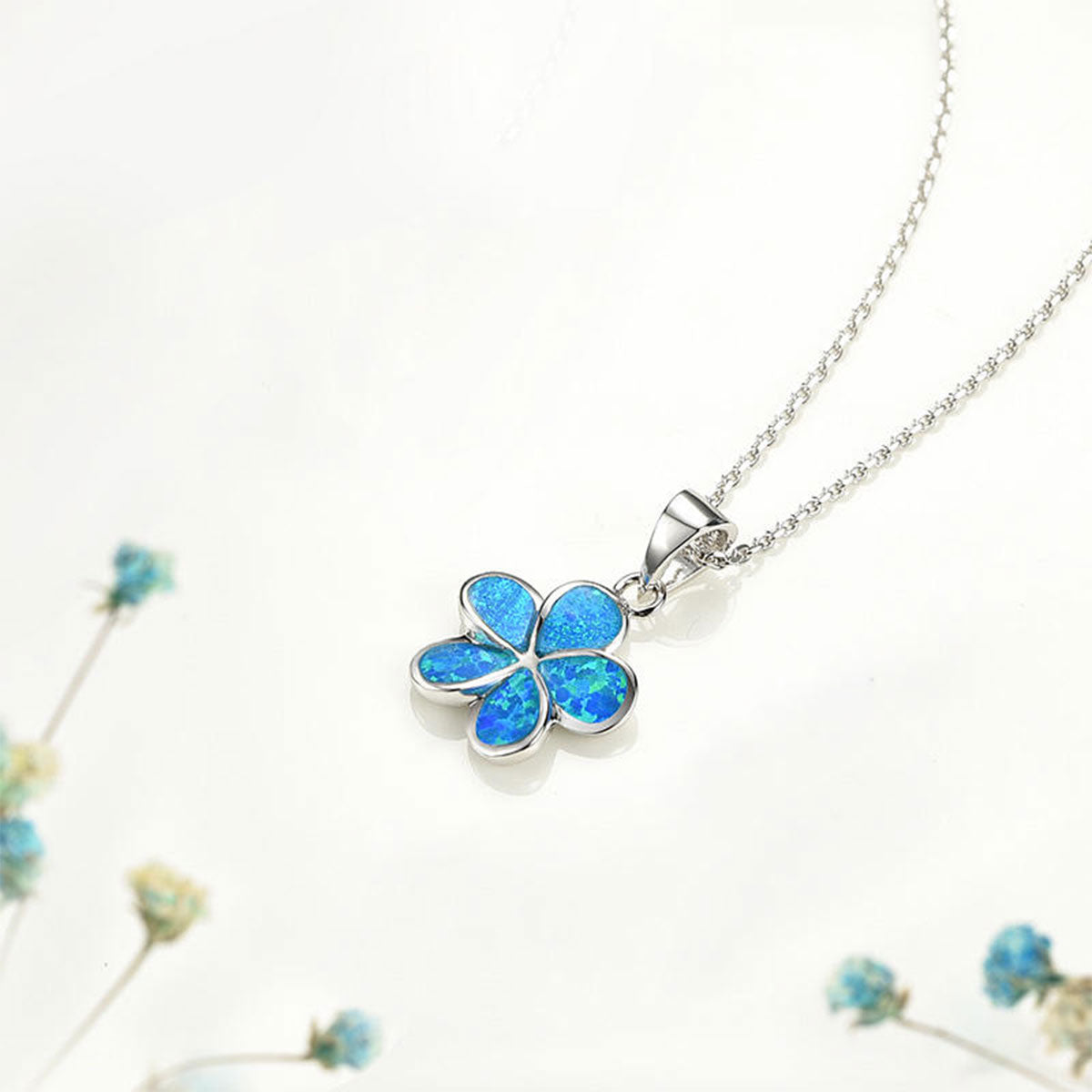 White Gold Flower Shape Blue Opal Pendants Chains