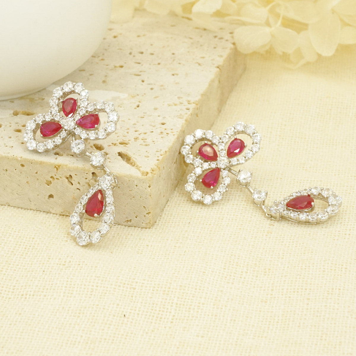 White Gold Ruby Iris Shape Hollow Drop Earrings