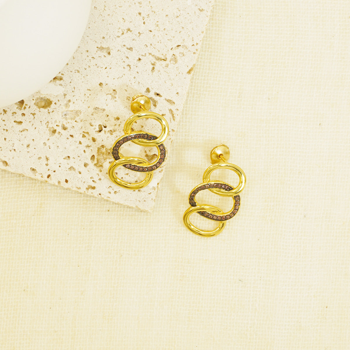 Gold Hammered Triple Hoop Earrings With Brown Stones for Women