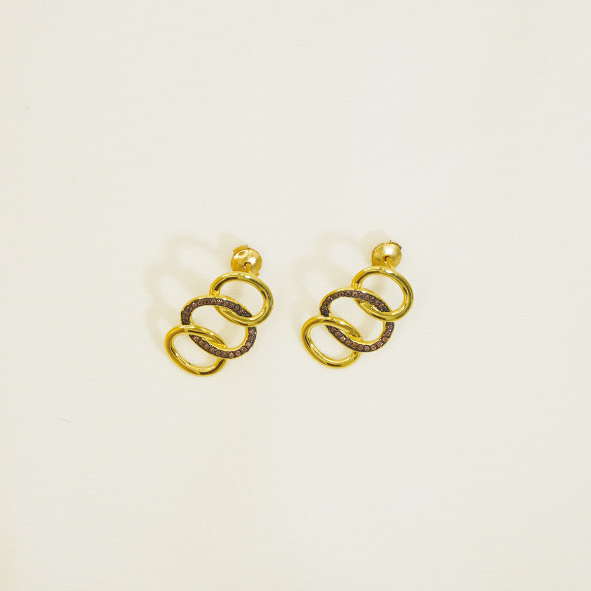 Gold Hammered Triple Hoop Earrings With Brown Stones for Women