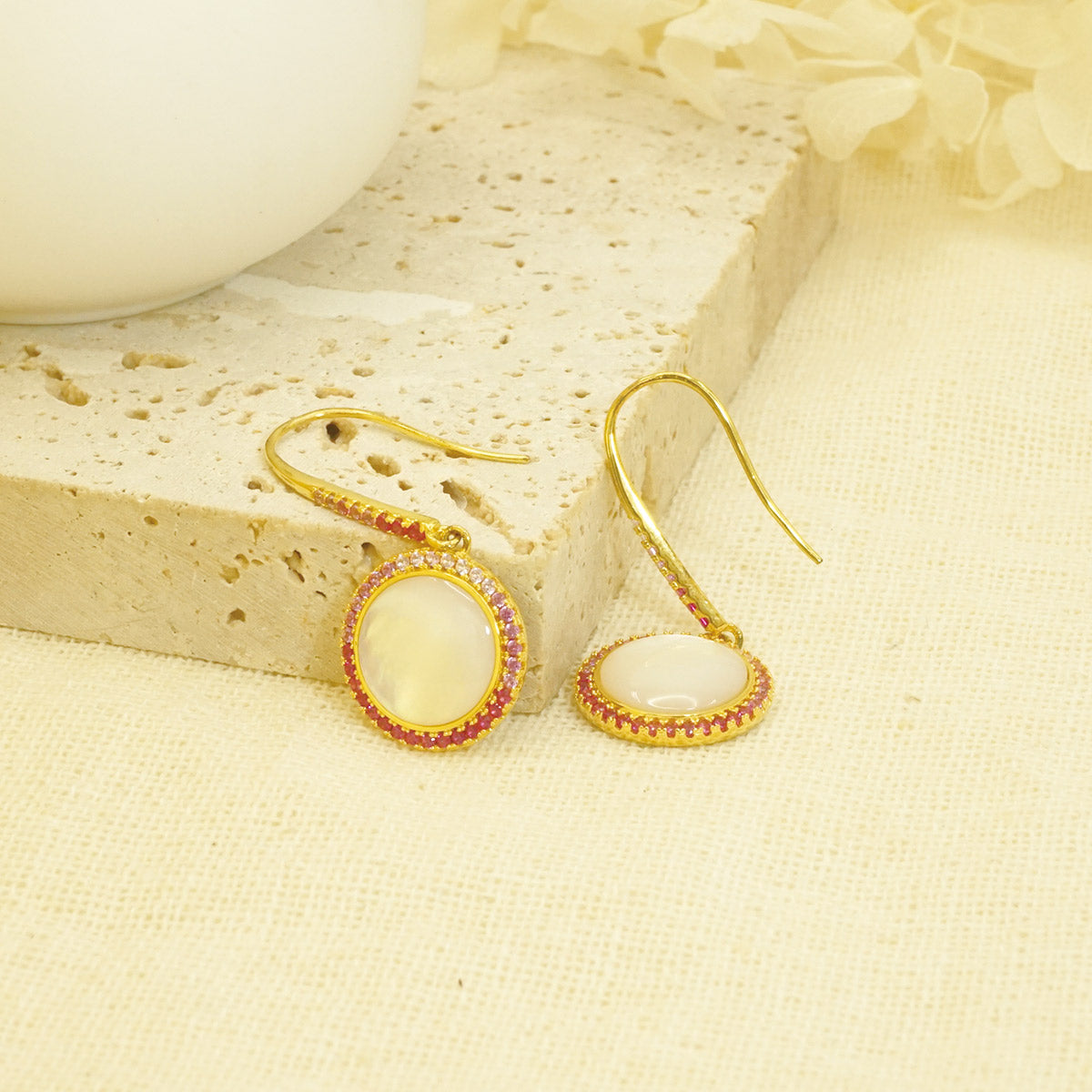 Gold White Shell Colored Stones Dangle Earrings