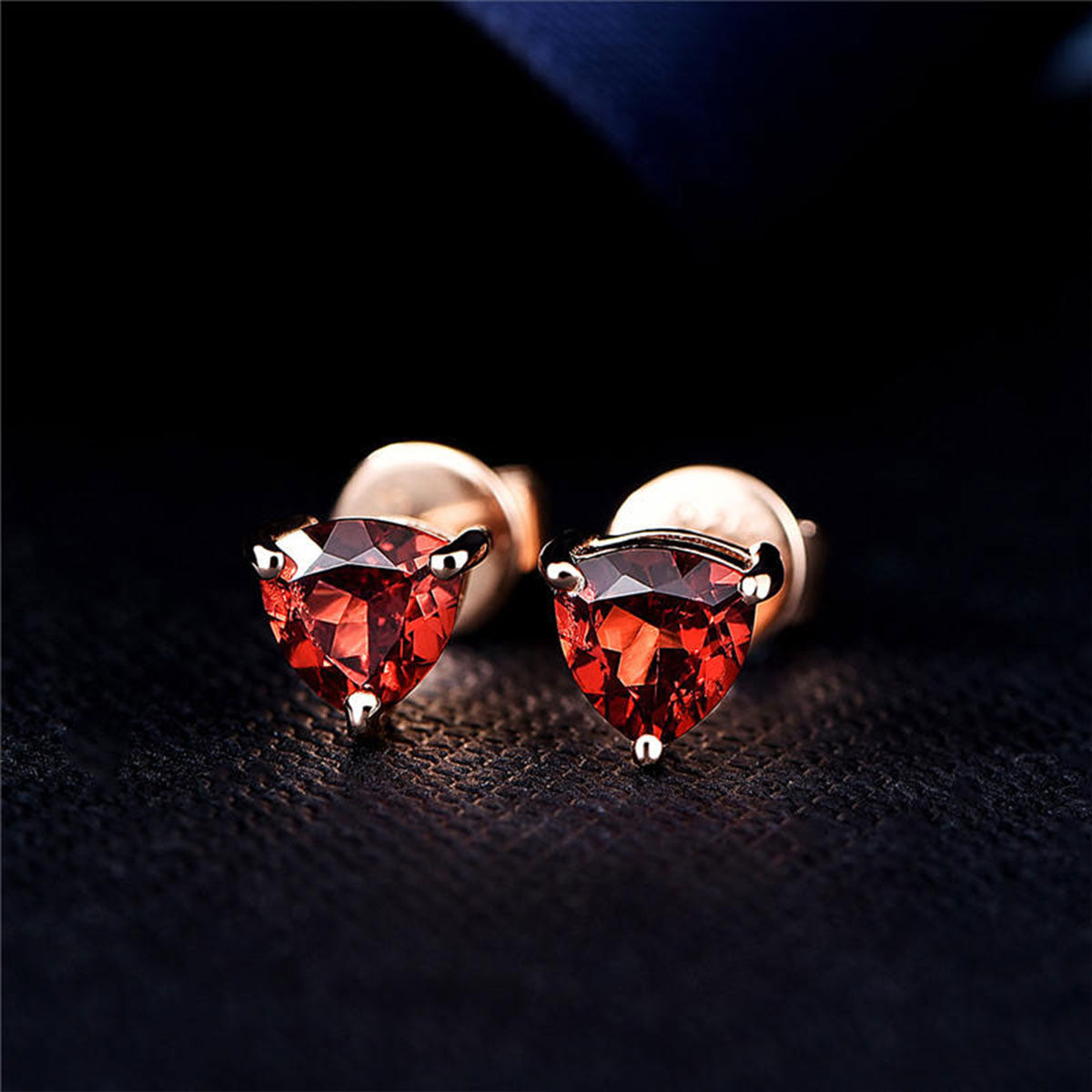 Rose Gold Triangle Ruby Garnet Stud Earrings