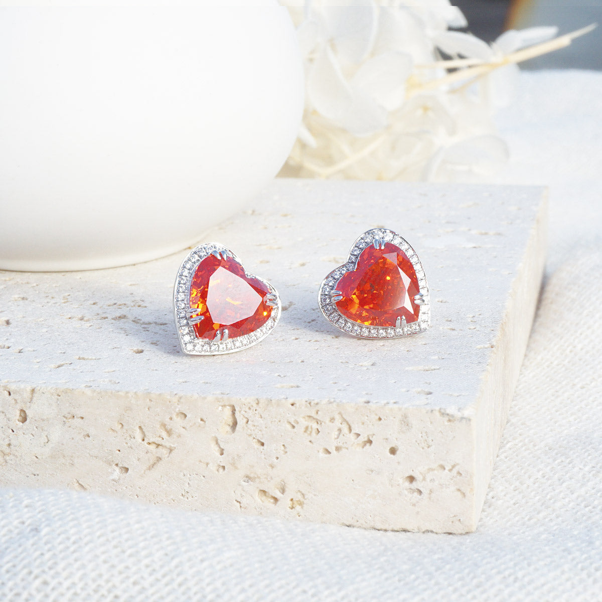 White Gold Plating Heart Shape Ruby Gem Full Stones Stud Earrings