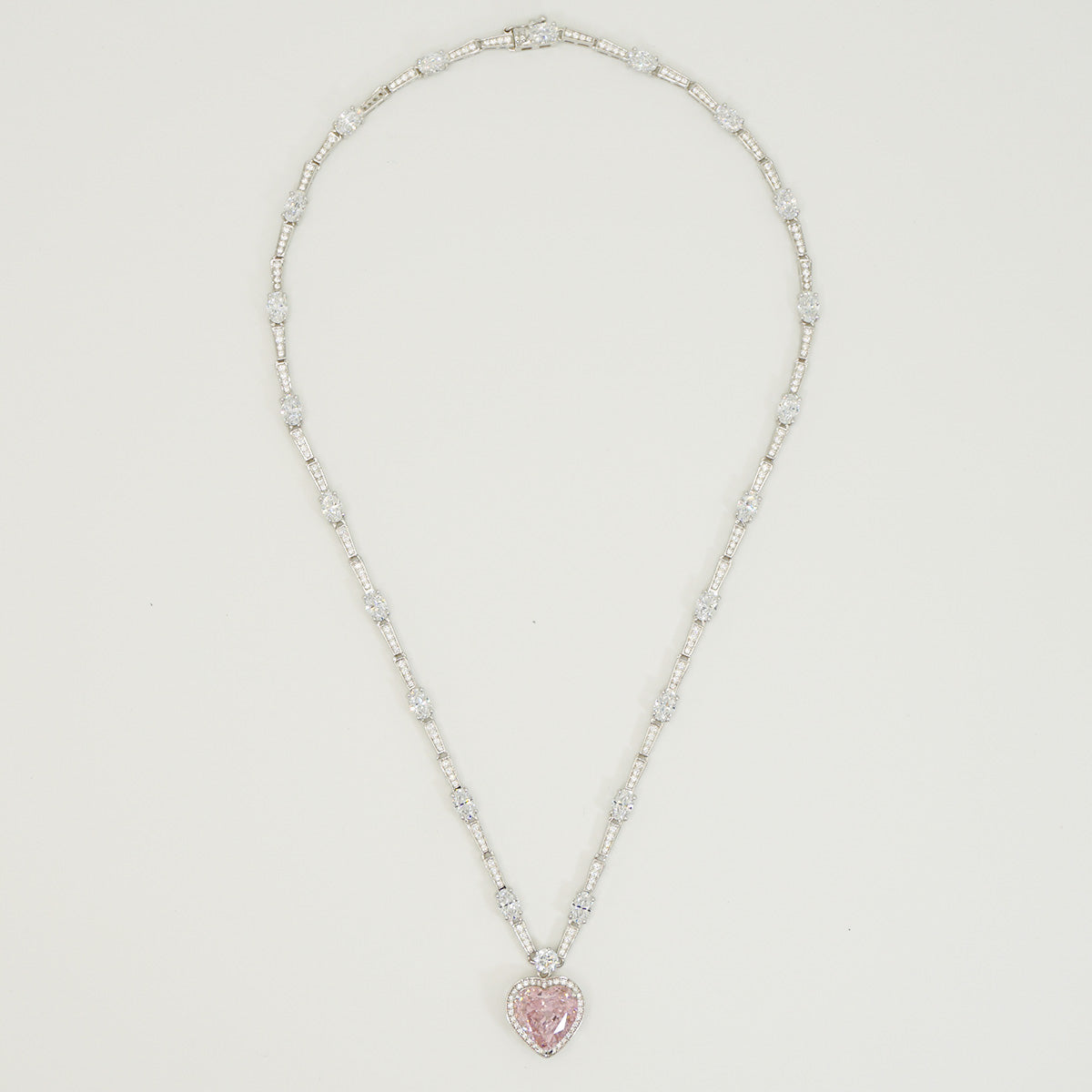 Sterling Silver Pink Gem Heart Stones Pendants Full Stones Necklace