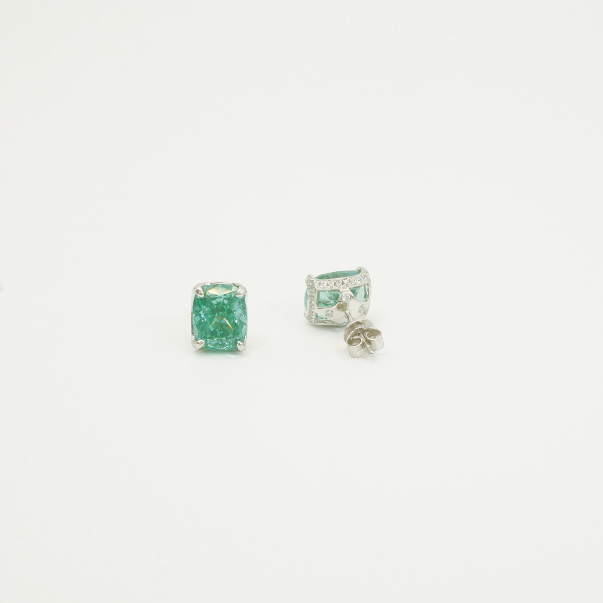 White Gold Plating Square Emerald Gem Prong Setting Stud Earrings