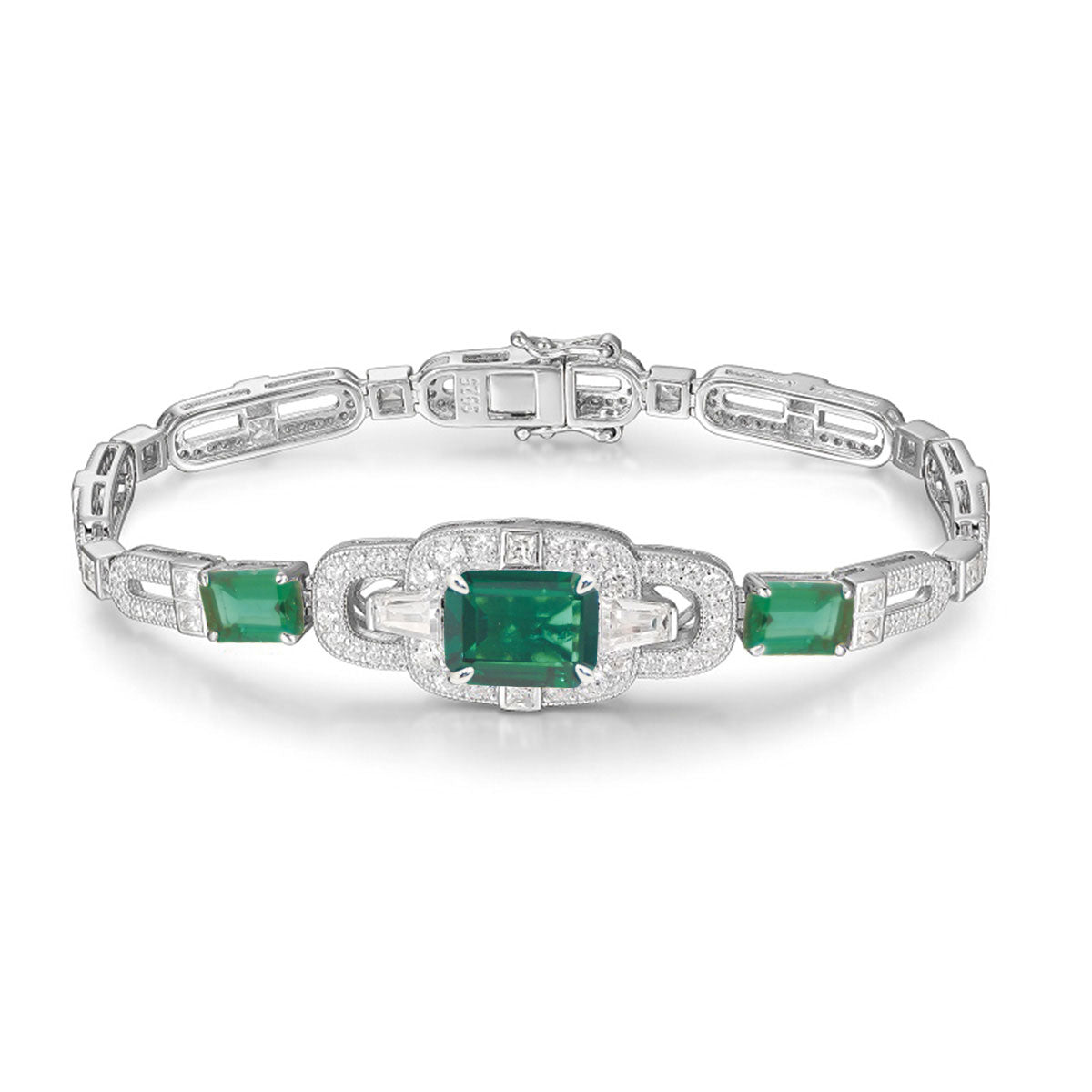 Sterling Silver Square Emerald Gem with Channel Setting Stones Retro Bracelet