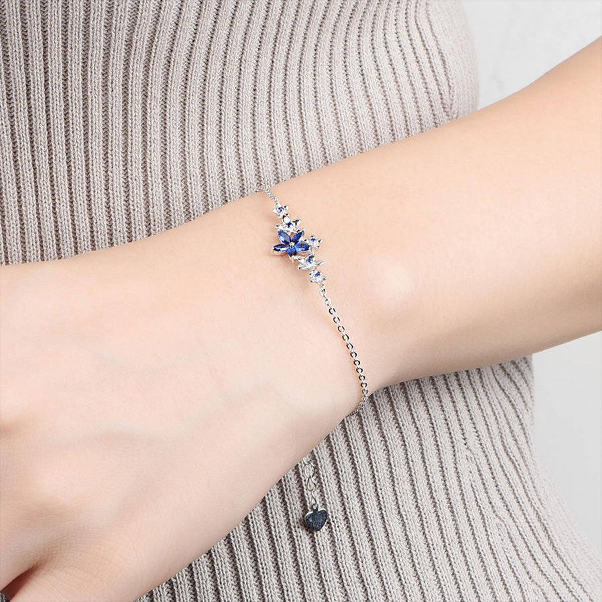 White Gold Flower Shape Blue Sapphire Adjustable Bracelet