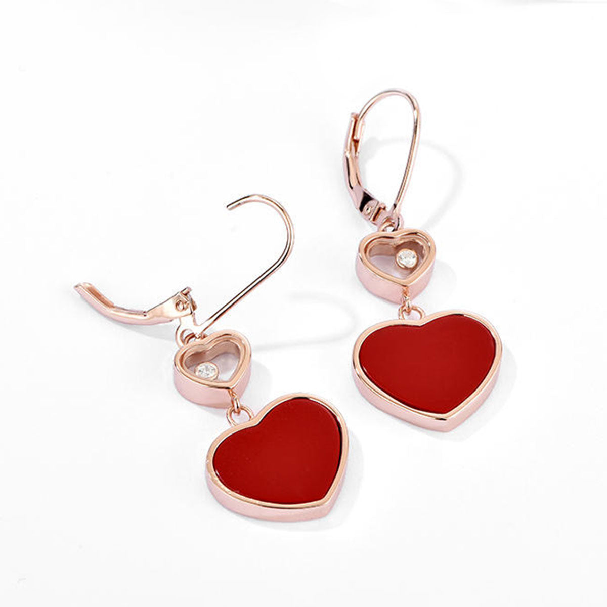 Rose Gold Red Agate Double Heart Shape Stud Earrings