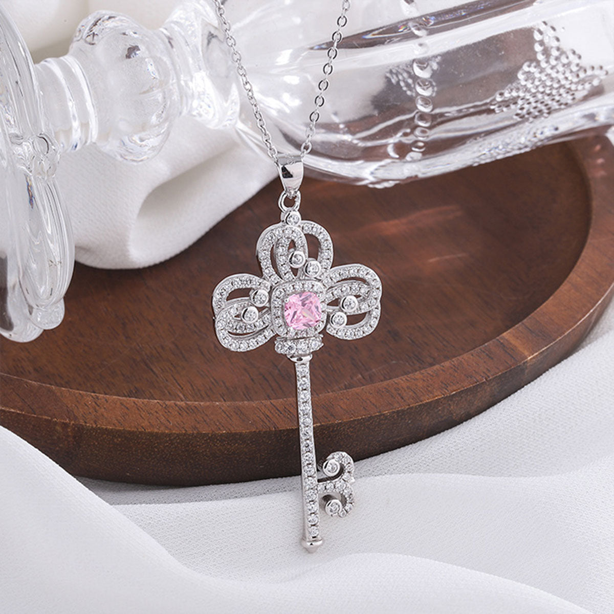 Sterling Silver Classic Iris Key Shape Pendant with Pink Sapphire for Women