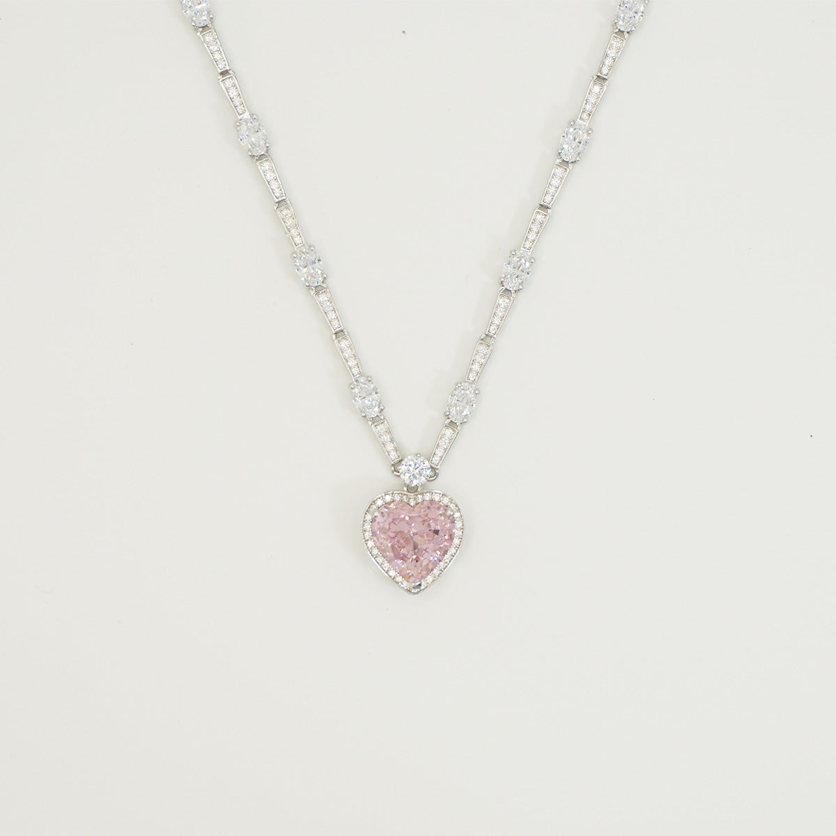 Sterling Silver Pink Gem Heart Stones Pendants Full Stones Necklace