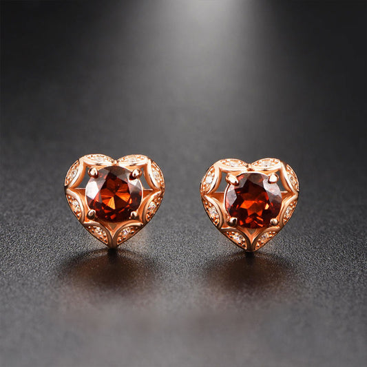 Rose Gold Ruby Garnet Hollow Heart Shape Stud Earrings