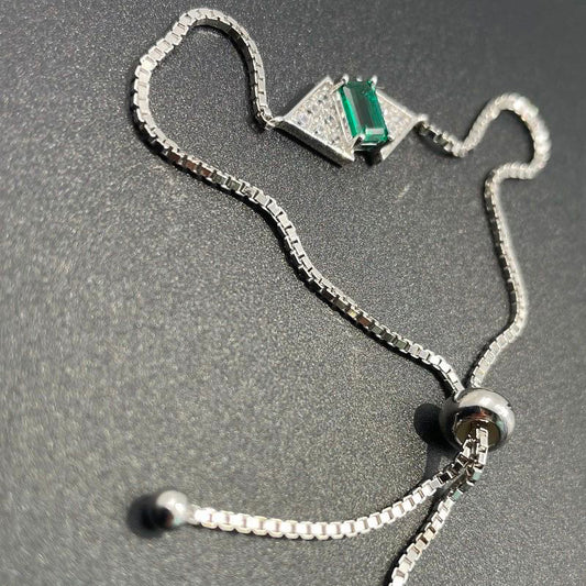 White Gold Geometric Emerald Gem Adjustable Link Bracelet