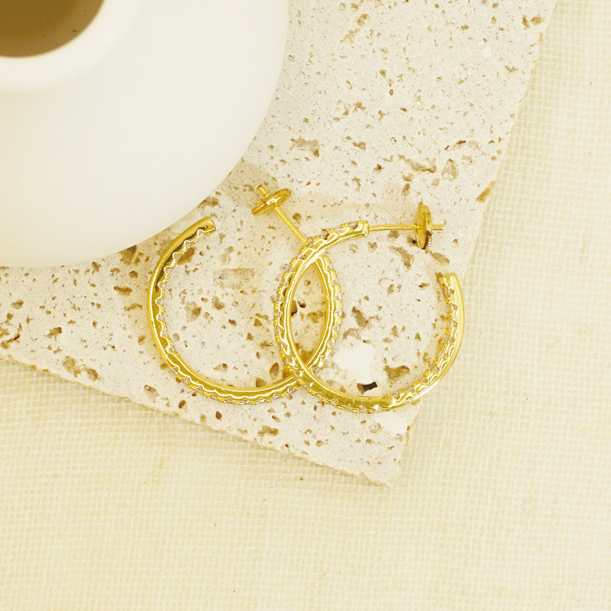 Golden White Stones Hoop Earrings