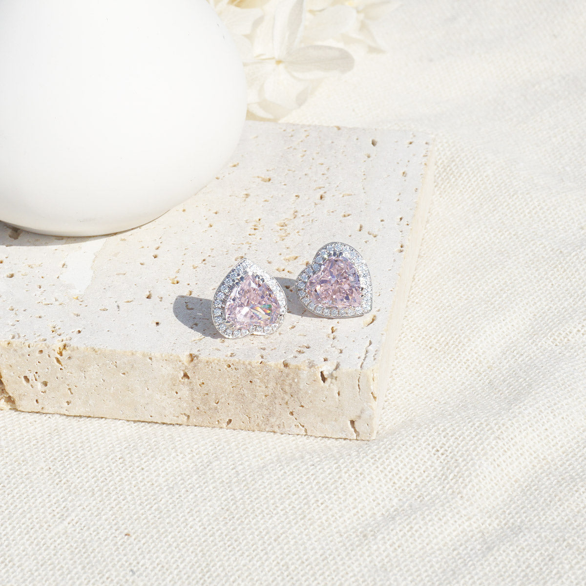 White Gold Plating Heart Shape Pink Sapphire Full Stones Stud Earrings